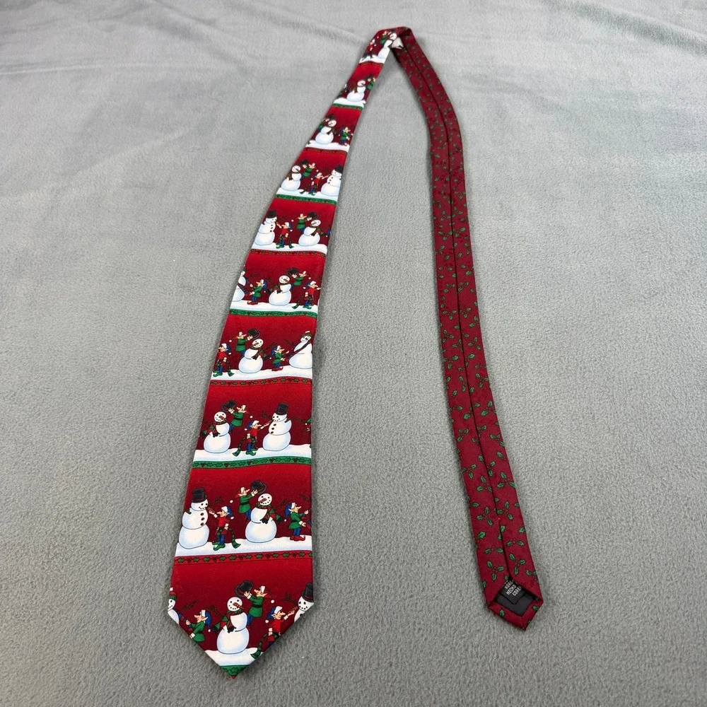 Special Ties Hallmark Snowmen‎ Elves Christmas Holiday Red Silk Blend Necktie